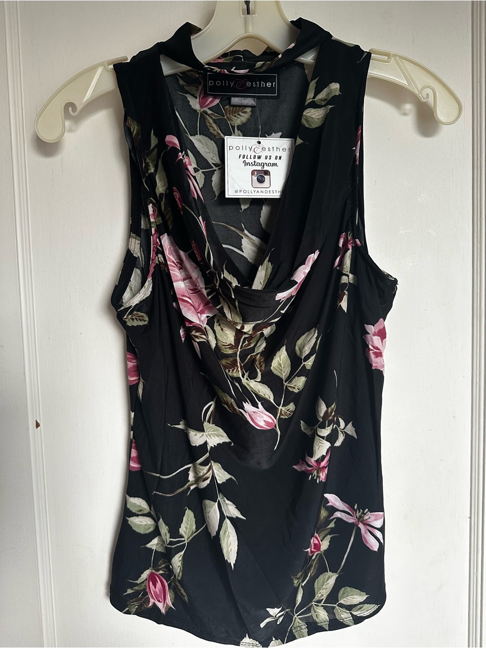 Polly & Esther Black Floral Cowl Neck Sleeveless Top - Pink & Green Floral
